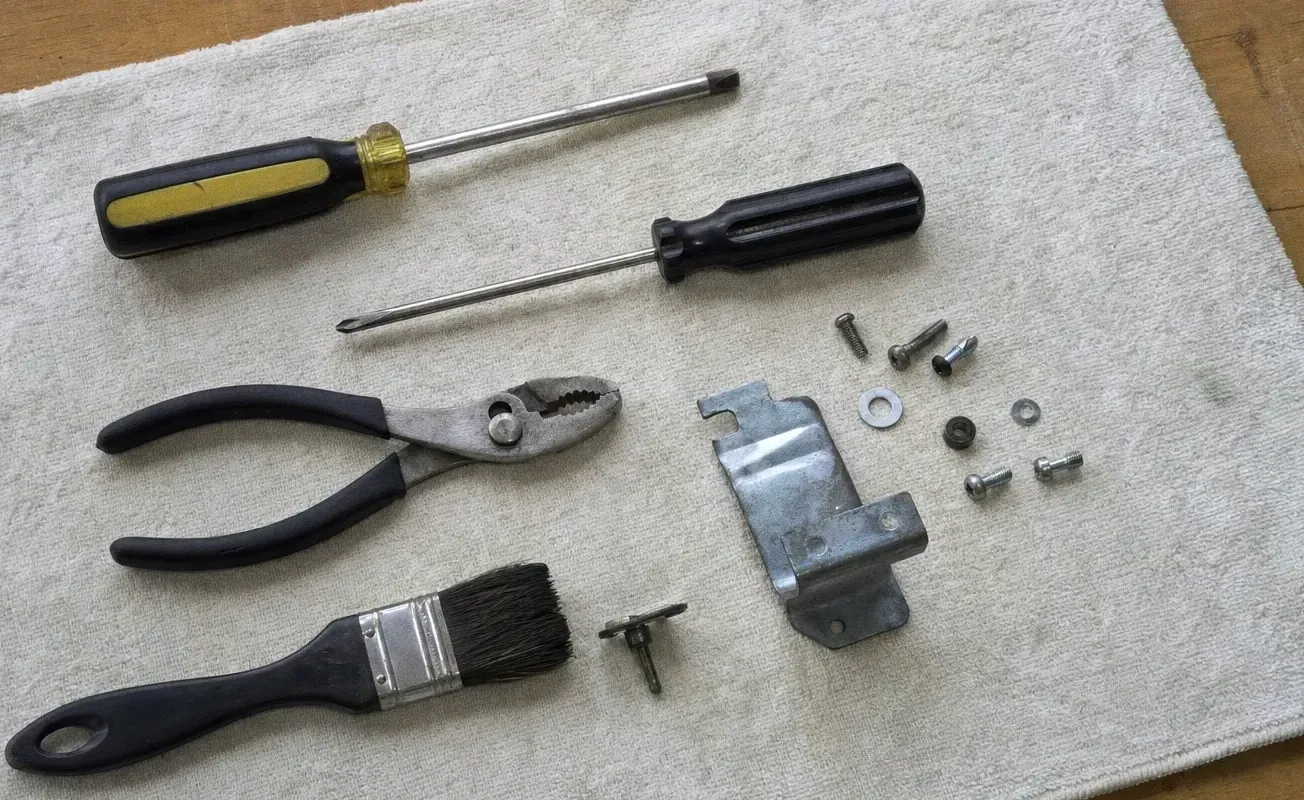 Screwdrivers, slip-joint pliers and a brush arranged on a cloth beside a cast metal bracket, washers and bolts