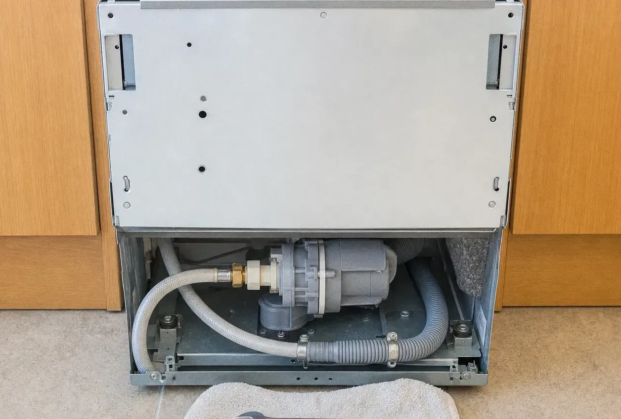 A dishwasher pulled out of its cabinet and tipped back on a towel, exposing the circulation pump, hoses and base frame